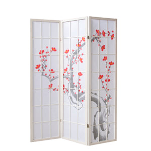 3-panel wooden room divider with cherry blossom design, white