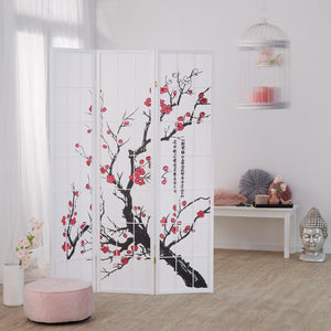 3-panel wooden room divider with cherry blossom design, white