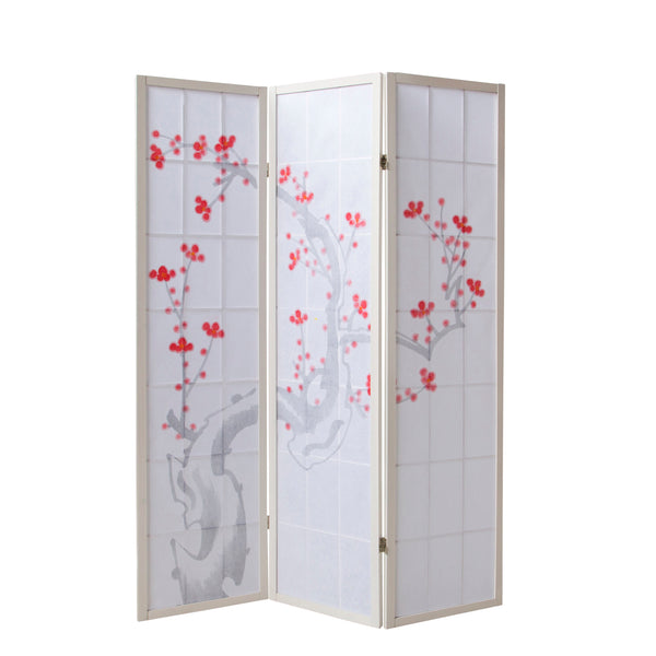 3-panel wooden room divider with cherry blossom design, white