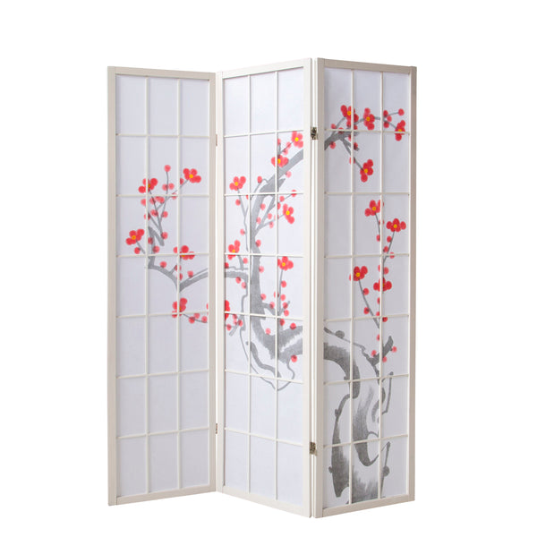 3-panel wooden room divider with cherry blossom design, white