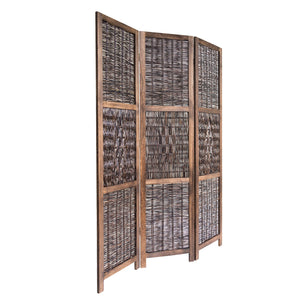 Paravent en bois à 3 panneaux avec imitation osier, brun