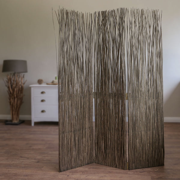 3-panel folding screen/room divider made of willow wood, grey