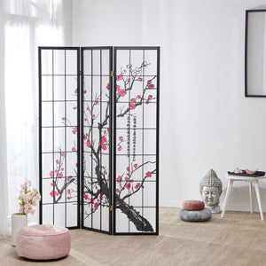 3-panel wooden room divider/screen with cherry blossoms, black