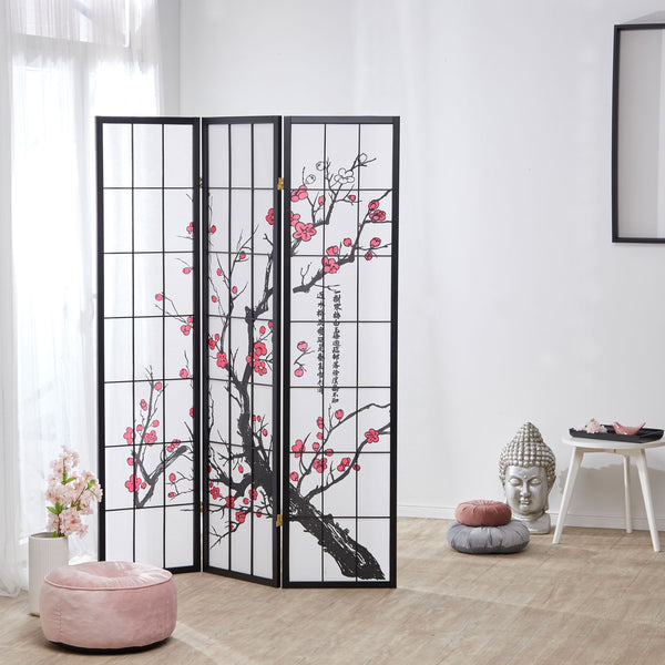 3-panel wooden room divider/screen with cherry blossoms, black