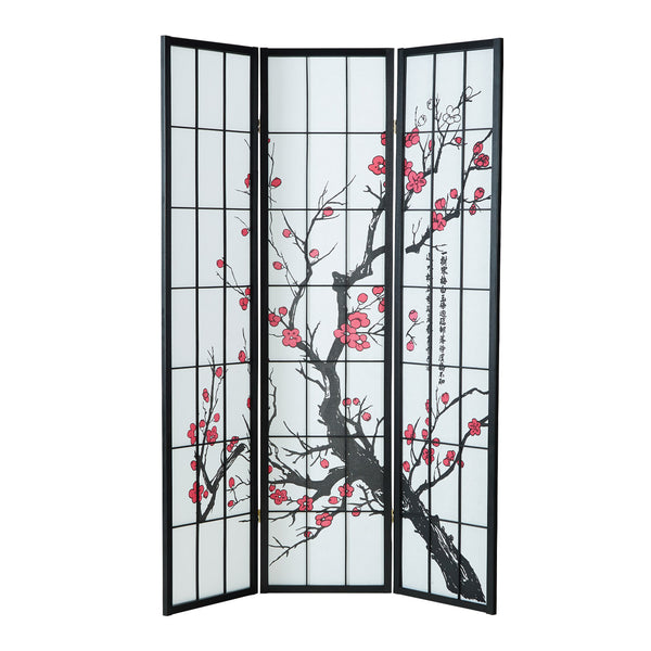 3-panel wooden room divider/screen with cherry blossoms, black