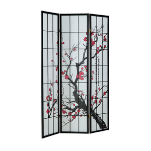 3-panel wooden room divider/screen with cherry blossoms, black