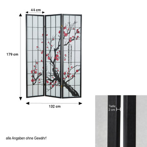 3-panel wooden room divider/screen with cherry blossoms, black