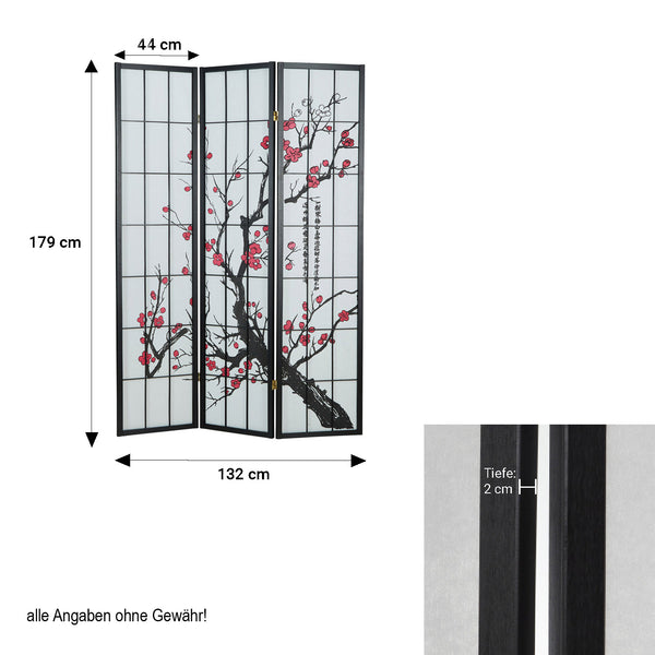 3-panel wooden room divider/screen with cherry blossoms, black
