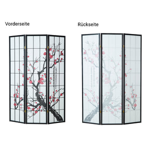 3-panel wooden room divider/screen with cherry blossoms, black