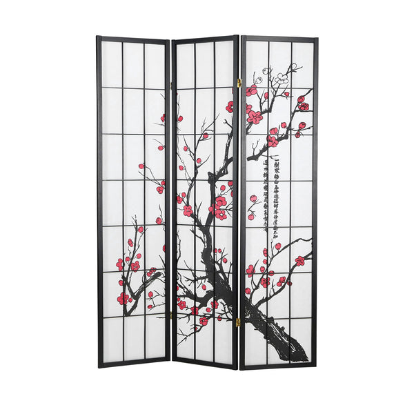 3-panel wooden room divider/screen with cherry blossoms, black