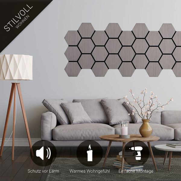 8er Set Akustikpaneele Wandpaneele Hexagon Wabe 76 x 62 cm Grau Holz 3D