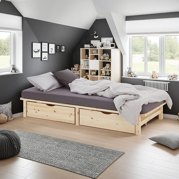 Palettenbett 90x200 cm Natur | Einzelbett mit Bettkästen | mit Matratze | Holz | Kind Gast