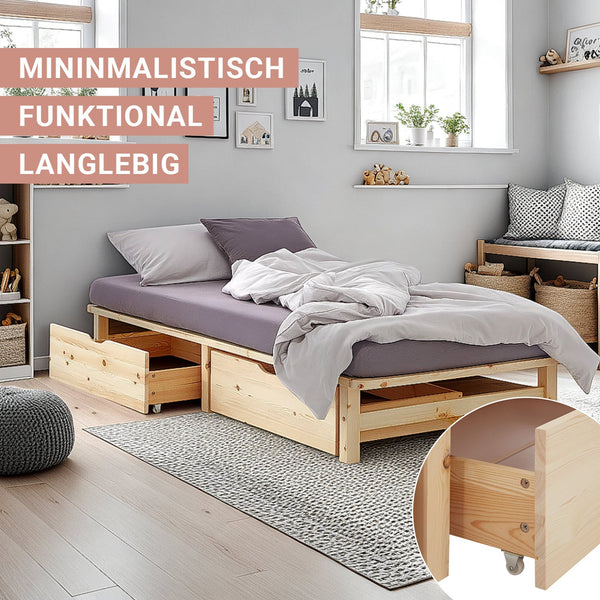 Palettenbett 90x200 cm Natur | Einzelbett mit Bettkästen | mit Matratze | Holz | Kind Gast