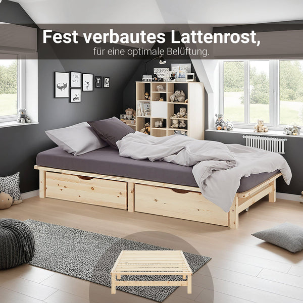 Palettenbett 90x200 cm Natur | Einzelbett mit Bettkästen | mit Matratze | Holz | Kind Gast