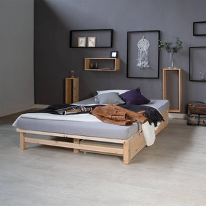 Palettenbett 140x200 cm Natur | Einzelbett mit Bettkästen | mit Matratze | Holz | Jugend Gast