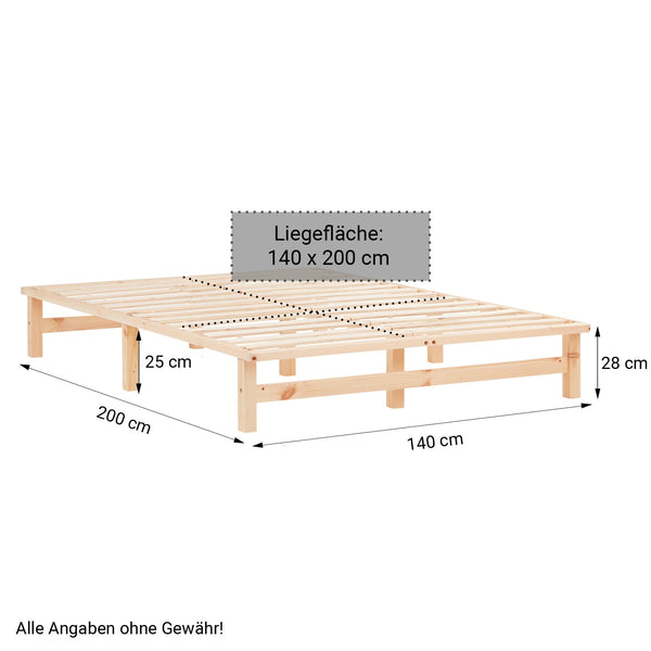 Palettenbett 140x200 cm Natur | Einzelbett mit Bettkästen | mit Matratze | Holz | Jugend Gast