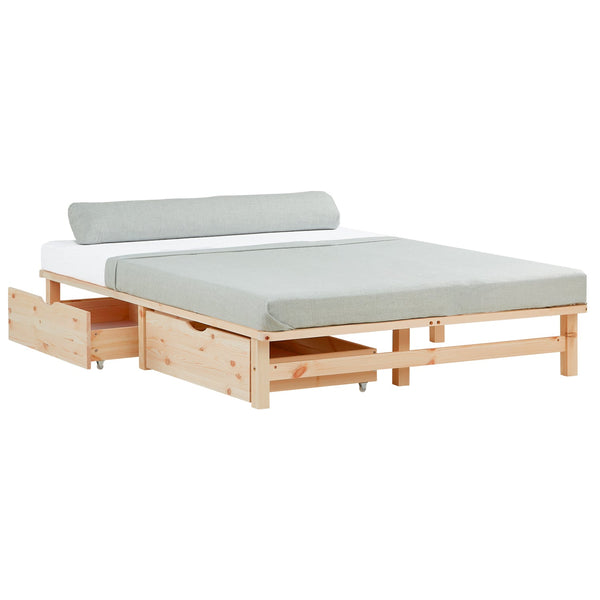 Palettenbett 140x200 cm Natur | Einzelbett mit Bettkästen | mit Matratze | Holz | Jugend Gast