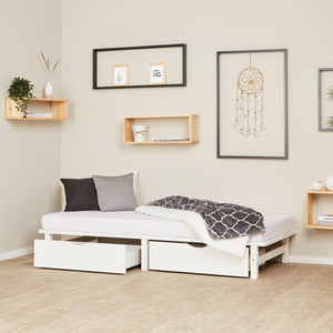 Palettenbett 90x200 cm Weiss | Einzelbett mit Bettkästen | mit Matratze | Holz | Kind Jugend