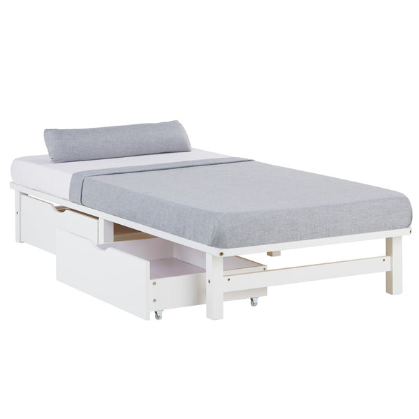 Palettenbett 90x200 cm Weiss | Einzelbett mit Bettkästen | mit Matratze | Holz | Kind Jugend
