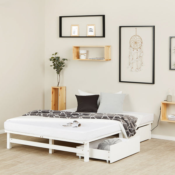 Palettenbett 140x200 cm Weiss | Doppelbett mit Bettkästen | mit Matratze | Holz | Kind Gast