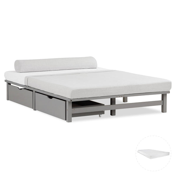 Palettenbett 140x200 cm Grau | Doppelbett mit Bettkästen | mit Matratze | Holz | Kind Gast