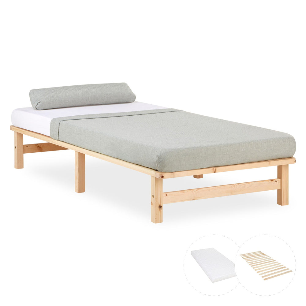 Palettenbett 90x200 cm Natur | Einzelbett mit Matratze | mit Lattenrost | Holz | Jugend Gast