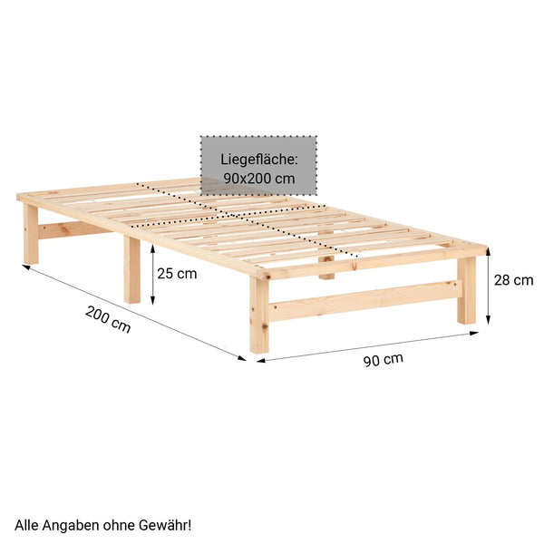 Palettenbett 90x200 cm Natur | Einzelbett mit Matratze | mit Lattenrost | Holz | Jugend Gast