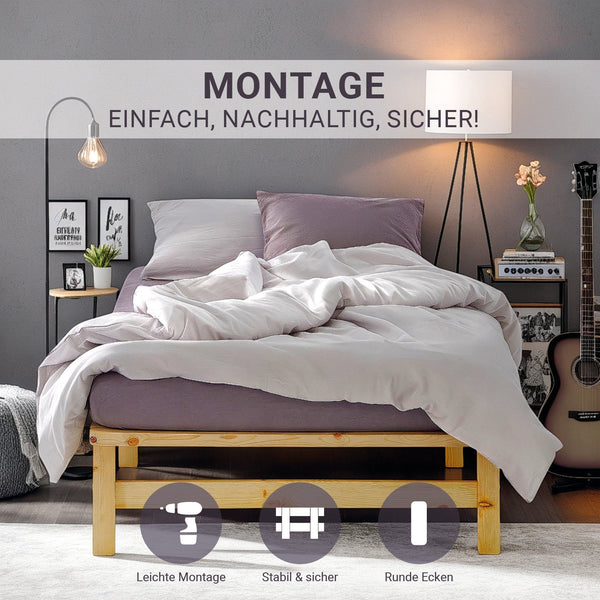 Palettenbett 90x200 cm Natur | Einzelbett mit Matratze | mit Lattenrost | Holz | Jugend Gast