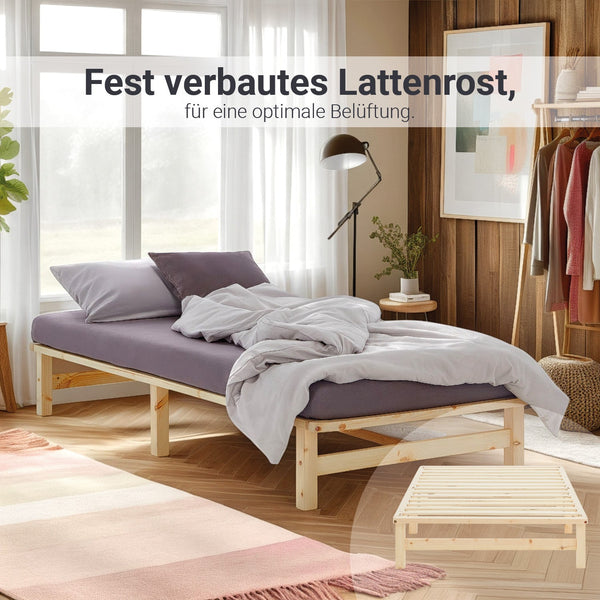 Palettenbett 90x200 cm Natur | Einzelbett mit Matratze | mit Lattenrost | Holz | Jugend Gast