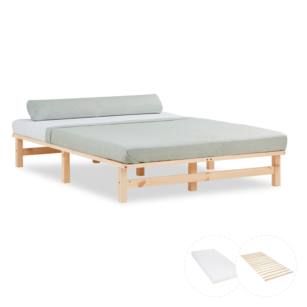 Palettenbett 140x200 cm Natur | Doppelbett mit Matratze | mit Lattenrost | Holz | Jugend Gast