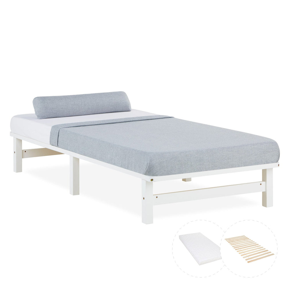 Palettenbett 90x200 cm Weiss | Einzelbett mit Matratze | mit Lattenrost | Holz | Jugend Gast