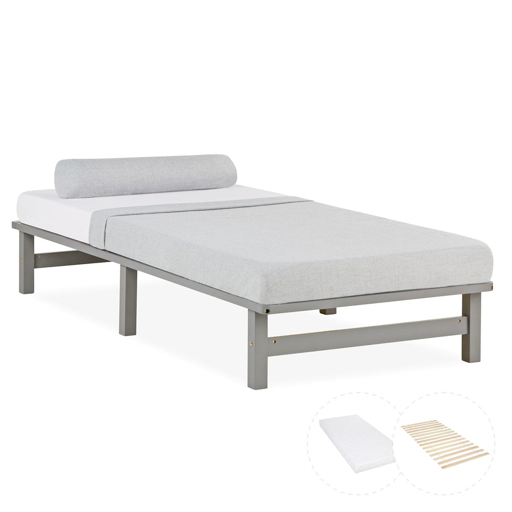 Palettenbett 90x200 cm Grau | Einzelbett mit Matratze | mit Lattenrost | Holz | Jugend Gast