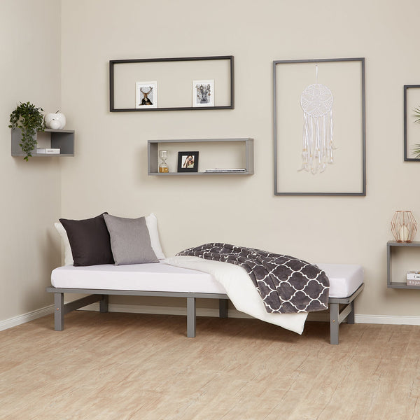 Palettenbett 90x200 cm Grau | Einzelbett mit Matratze | mit Lattenrost | Holz | Jugend Gast