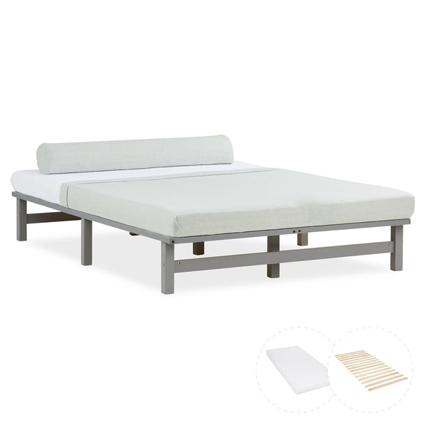 Palettenbett 140x200 cm Grau | Doppelbett mit Matratze | mit Lattenrost | Holz | Jugend Gast