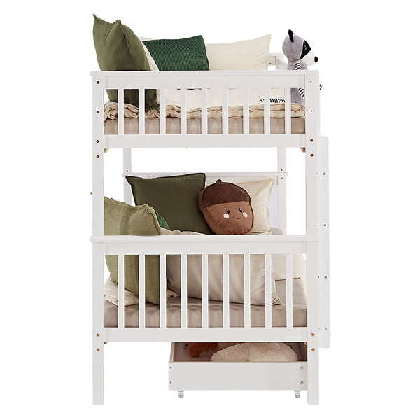 Etagenbett 90x200 cm Weiss | Kinderbett mit Bettkasten | Rausfallschutz | Umbaubar | Holz massiv