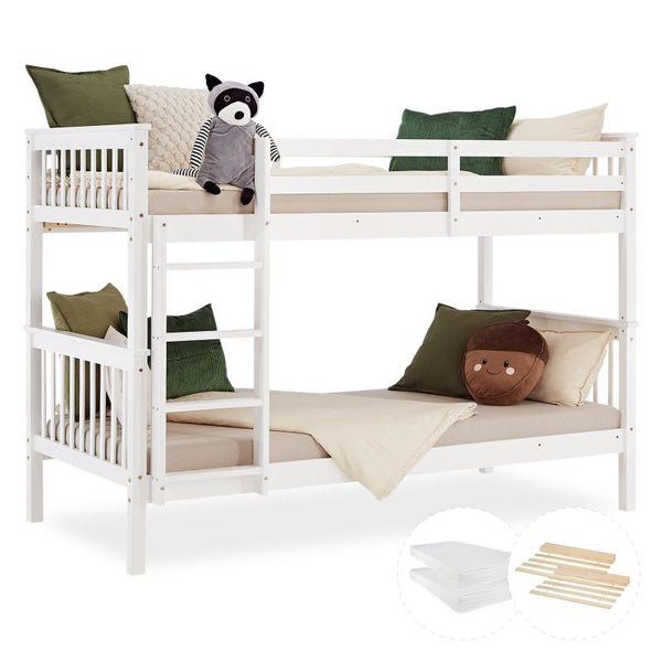 Etagenbett 90x200 cm mit Matratze & Lattenrost umbaubar Weiss