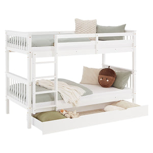 Etagenbett 90x200 cm Weiss Kinderbett mit Matratze mit Bettkasten mit Lattenrost Rausfallschutz Umbaubar massiv