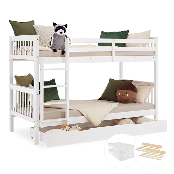 Etagenbett 90x200 cm Weiss Kinderbett mit Matratze mit Bettkasten mit Lattenrost Rausfallschutz Umbaubar massiv
