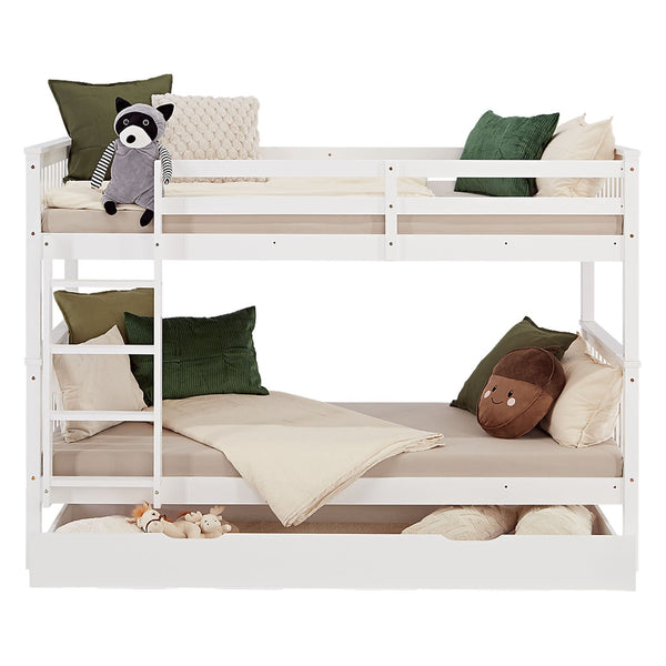 Etagenbett 90x200 cm Weiss Kinderbett mit Matratze mit Bettkasten mit Lattenrost Rausfallschutz Umbaubar massiv