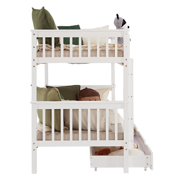 Etagenbett 90x200 cm Weiss Kinderbett mit Matratze mit Bettkasten mit Lattenrost Rausfallschutz Umbaubar massiv