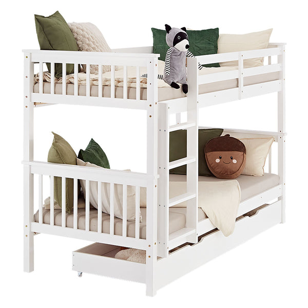 Etagenbett 90x200 cm Weiss Kinderbett mit Matratze mit Bettkasten mit Lattenrost Rausfallschutz Umbaubar massiv