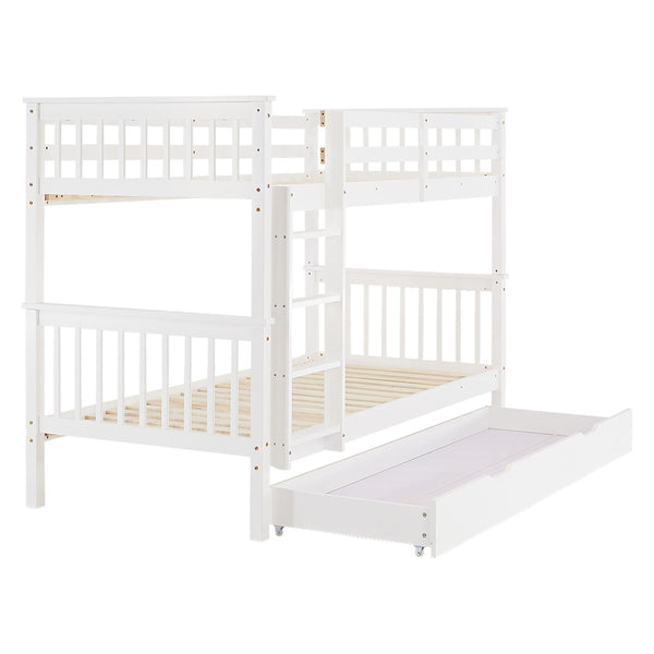 Etagenbett 90x200 cm Weiss Kinderbett mit Matratze mit Bettkasten mit Lattenrost Rausfallschutz Umbaubar massiv