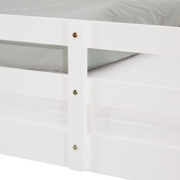Etagenbett 90x200 cm Weiss Kinderbett mit Matratze mit Bettkasten mit Lattenrost Rausfallschutz Umbaubar massiv