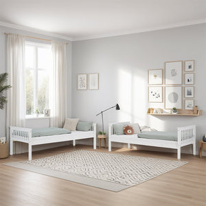 Etagenbett 90x200 cm Weiss Kinderbett mit Matratze mit Bettkasten mit Lattenrost Rausfallschutz Umbaubar massiv