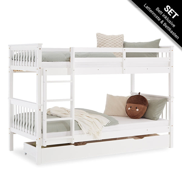 Etagenbett 90x200 cm Weiss Kinderbett mit Matratze mit Bettkasten mit Lattenrost Rausfallschutz Umbaubar massiv