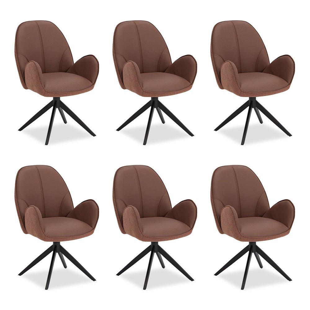 6er Set Polsterstuhl Bouclé Leder drehbar Braun