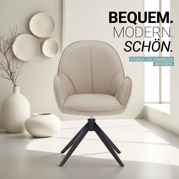 2er Set Polsterstuhl Bouclé Leder drehbar Beige