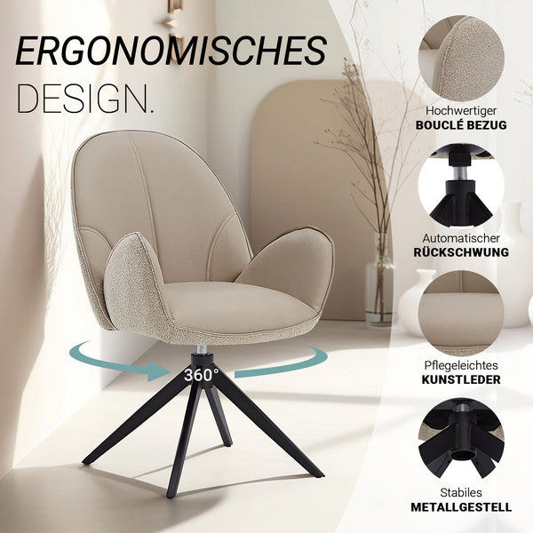4er Set Polsterstuhl Bouclé Leder drehbar Beige