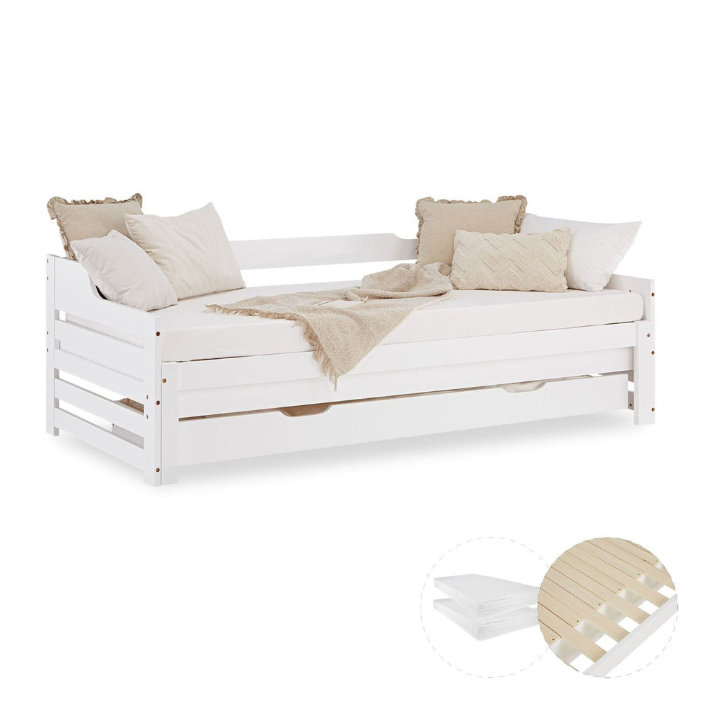 Holzbett 90x200 ausziehbar mit Bettkasten & Matratze Weiss