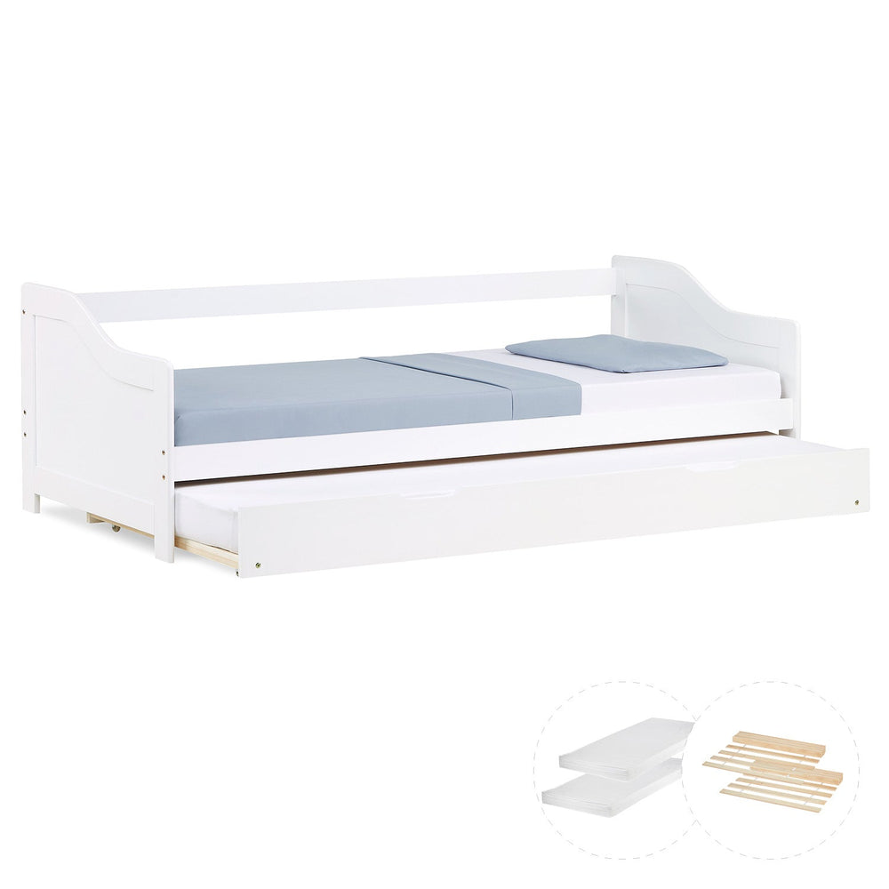 Holzbett 90x200 cm Weiss | ausziehbar | Koje | mit Matratze | Ausziehbett Duo-Bett Funktionsbett